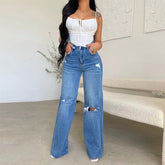 Long High Waist Ripped Frayed Comfortable Wide Leg Denim Pants