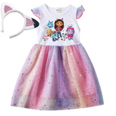 Cartoon Mesh Star Sequins Princess Dress Kids Flying Sleeve Skirt + Headwear