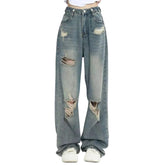 American Retro Hole-punched Jeans High Waist Straight-crotch Loose Slim Jean