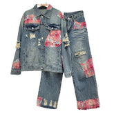 Handmade Lace Stitching Ripped Denim Coat American Style