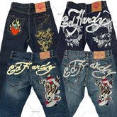 Retro Printed Denim Pants Men's Women's Hip Hop Punk Wide Leg Pants