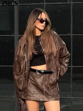 Locomotive Leather Jacket Skirts Vintage Lapel Zipper Pocket Overcoats Mini Skirt