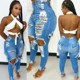 Denim Holes Jeans Washing Pencil Pants High Waist Zipper Fly Slim Fit