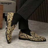 Men Gold Embroidery Loafers Round Toe Slip-On Flat Leisure Men Shoes