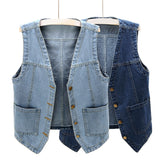 Sleeveless Denim Vest V Neck Button Jean Jacket Double Pocket