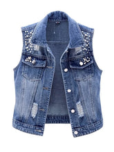 Denim Vest Luxury Pearls Fashion Ripped Autumn Jeans Jacket Sleeveless