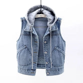 Hooded Vests Jean Short Waistcoat Large Size Cotton Zipper Denim Vest