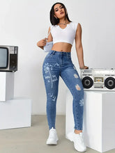 High Waisted Stretch Trousers Slim Fit Jeans Print Flower Pattern Wide