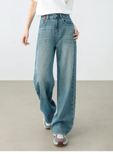 Cotton Jeans Pants Straight Vintage Denim High-waist Full-length Pockets Trousers