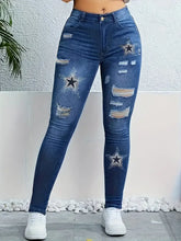 Star Pattern Printed Washed Hole High Waisted Stretch Denim Skinny Trousers