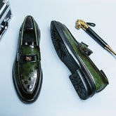 British Style New Emerald Pointed Leather Shoes Slip-On Loafer Black Hombre