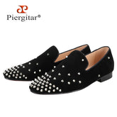 Black Cow Suede Slip-On Loafers With Handmade Silver Spikes