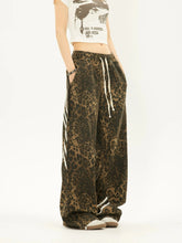 Side Spliced Striped Leopard Print Straight Pants