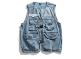 Vest High Street Casual Cargo Denim Vest V-neck