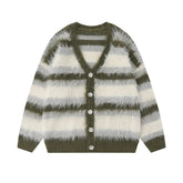 Striped Fleece-lined V-neck Sweater Jacket