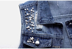 Denim Vest Luxury Pearls Fashion Ripped Autumn Jeans Jacket Sleeveless
