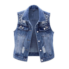 Denim Vest Luxury Pearls Fashion Ripped Autumn Jeans Jacket Sleeveless