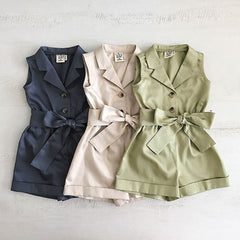 Sleeveless Bow-tie Waist Playsuits  Sunsuit Overall Children Clothing