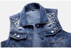 Denim Vest Luxury Pearls Fashion Ripped Autumn Jeans Jacket Sleeveless