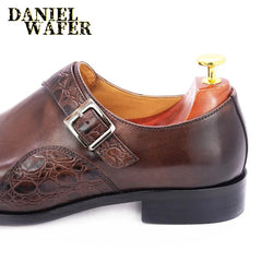 Luxury Alligator Print Handmade Genuine Calf Leather Monk Strap Shoes