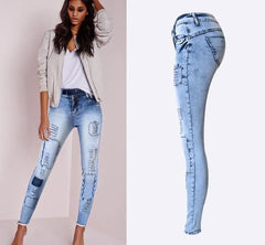 Low Waist Sky Blue Patchwork Skinny Tights Women Pencil Jeans