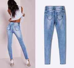 Low Waist Sky Blue Patchwork Skinny Tights Women Pencil Jeans