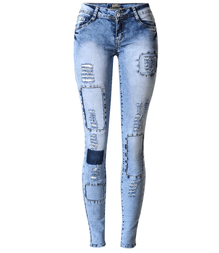 Low Waist Sky Blue Patchwork Skinny Tights Women Pencil Jeans