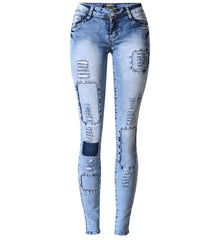 Low Waist Sky Blue Patchwork Skinny Tights Women Pencil Jeans
