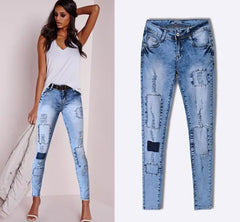 Low Waist Sky Blue Patchwork Skinny Tights Women Pencil Jeans