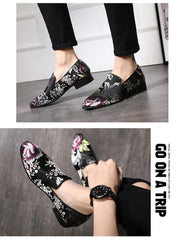 Embroidered Floral Loafers Men Smoking Slippers British Style