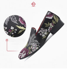 Embroidered Floral Loafers Men Smoking Slippers British Style