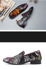 Embroidered Floral Loafers Men Smoking Slippers British Style