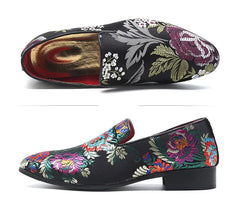Embroidered Floral Loafers Men Smoking Slippers British Style
