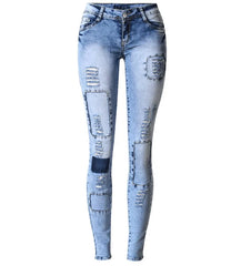 Low Waist Sky Blue Patchwork Skinny Tights Women Pencil Jeans