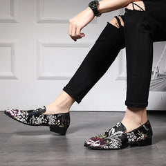 Embroidered Floral Loafers Men Smoking Slippers British Style