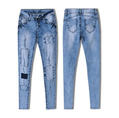 Low Waist Sky Blue Patchwork Skinny Tights Women Pencil Jeans