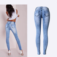 Low Waist Sky Blue Patchwork Skinny Tights Women Pencil Jeans