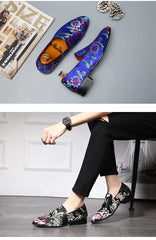 Embroidered Floral Loafers Men Smoking Slippers British Style
