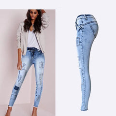 Low Waist Sky Blue Patchwork Skinny Tights Women Pencil Jeans