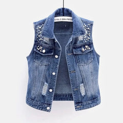 Denim Vest Luxury Pearls Fashion Ripped Autumn Jeans Jacket Sleeveless