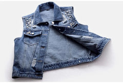 Denim Vest Luxury Pearls Fashion Ripped Autumn Jeans Jacket Sleeveless