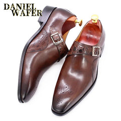 Luxury Alligator Print Handmade Genuine Calf Leather Monk Strap Shoes