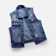 Denim Vest Luxury Pearls Fashion Ripped Autumn Jeans Jacket Sleeveless