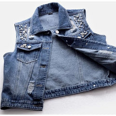 Denim Vest Luxury Pearls Fashion Ripped Autumn Jeans Jacket Sleeveless