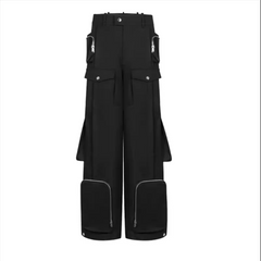 Zipper decorated straight leg pants casual three-dimensional pocket loose