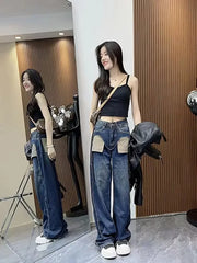 Straight-leg Jeans Women's High-waisted Slimming Loose-fit Bell Bottoms Pocket Outside Sewn