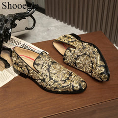 Stud Crystal Gold Shoes Embroidery Comfort Loafers Floral Flats Shoes