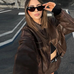 Locomotive Leather Jacket Skirts Vintage Lapel Zipper Pocket Overcoats Mini Skirt