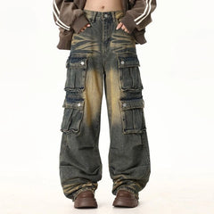 Street Personality Straight Tube Multi Pocket Work Clothes Jeans  Retro Pants