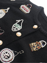 High Quality Autumn Winter Sweater Women Diamonds Pearls Beading Elegant Cardigan